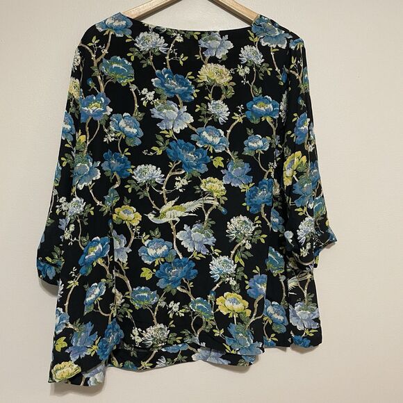 J. Jill Chinoiserie Floral Tunic Blouse 2X Crepe Asian Inspired Black Bow Sleeve - Picture 5 of 12